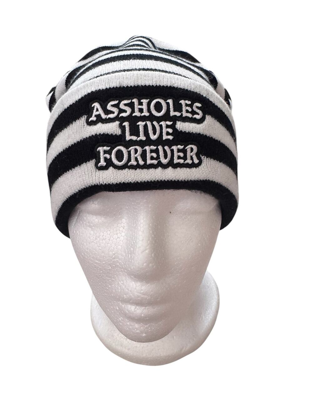 A$$HOLES LIVE FOREVER Black & White Stripe Beanie Hat One Size Adult ALF